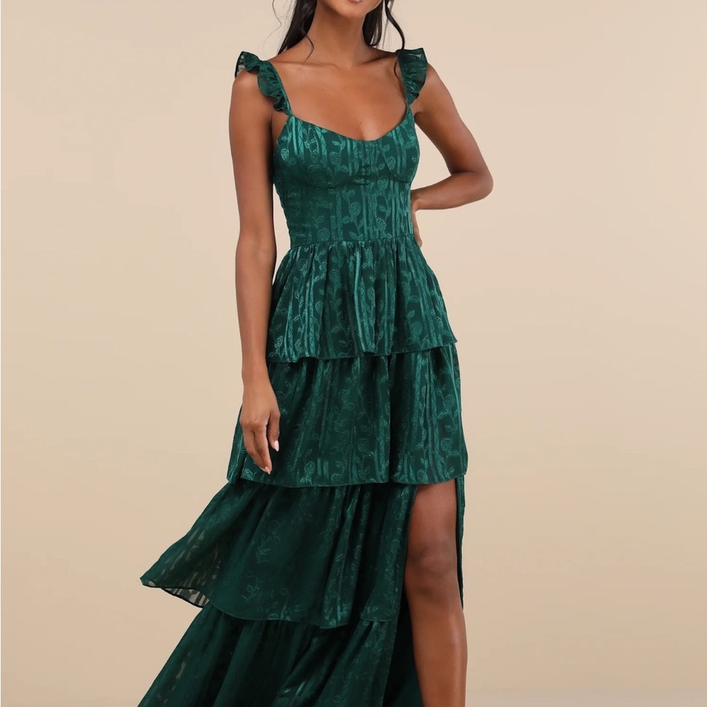 Lulu's Deep Emerald Ruffled-Strap Tiered Maxi Dress